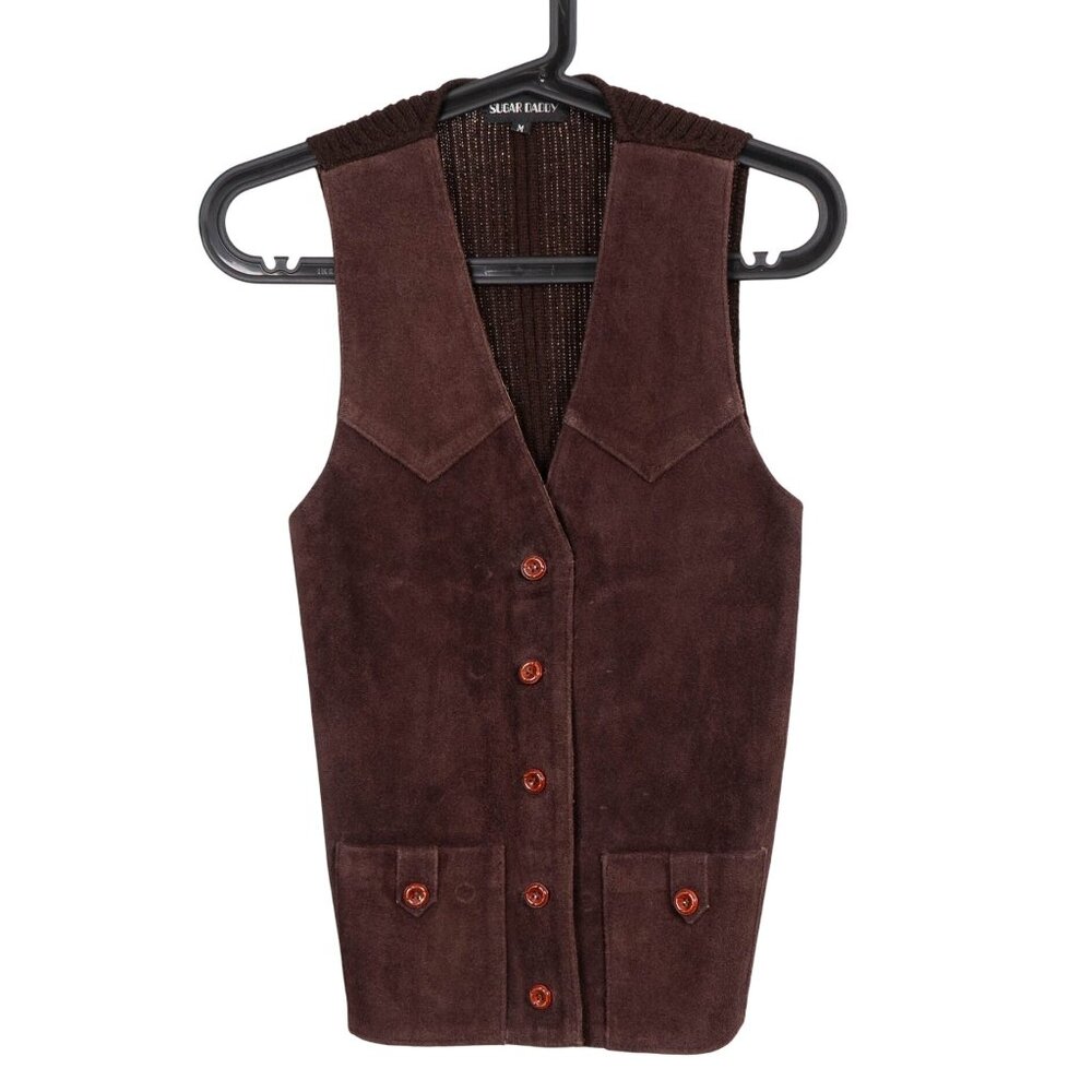 VTG Cowhide Leather Vest M Mens 90s Brown Suede Buttons Pocket Sweater Knit Back